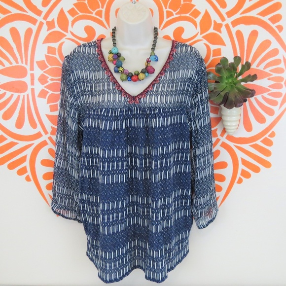 Lucky Brand Tops - NWT Lucky Brand Blue Boho Sheer Flowy Blouse L